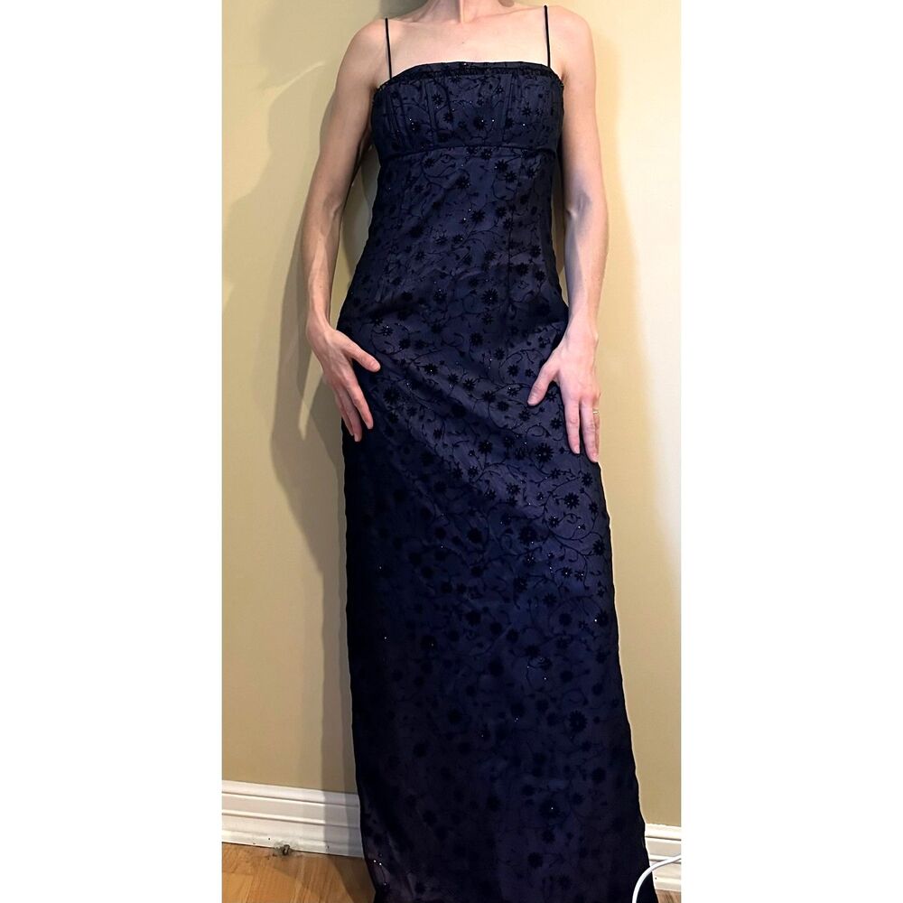 Vtg Y2K column sheath formal dress 7/8 whimsigoth floral glitter blue black S
